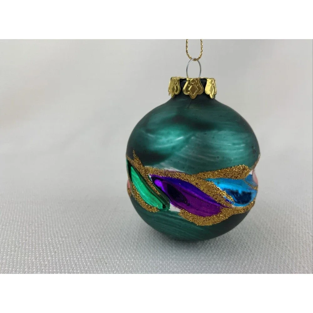 Vintage Hand Painted‎ Indented Ornament - Green Red Gold Blue Purple- Christmas